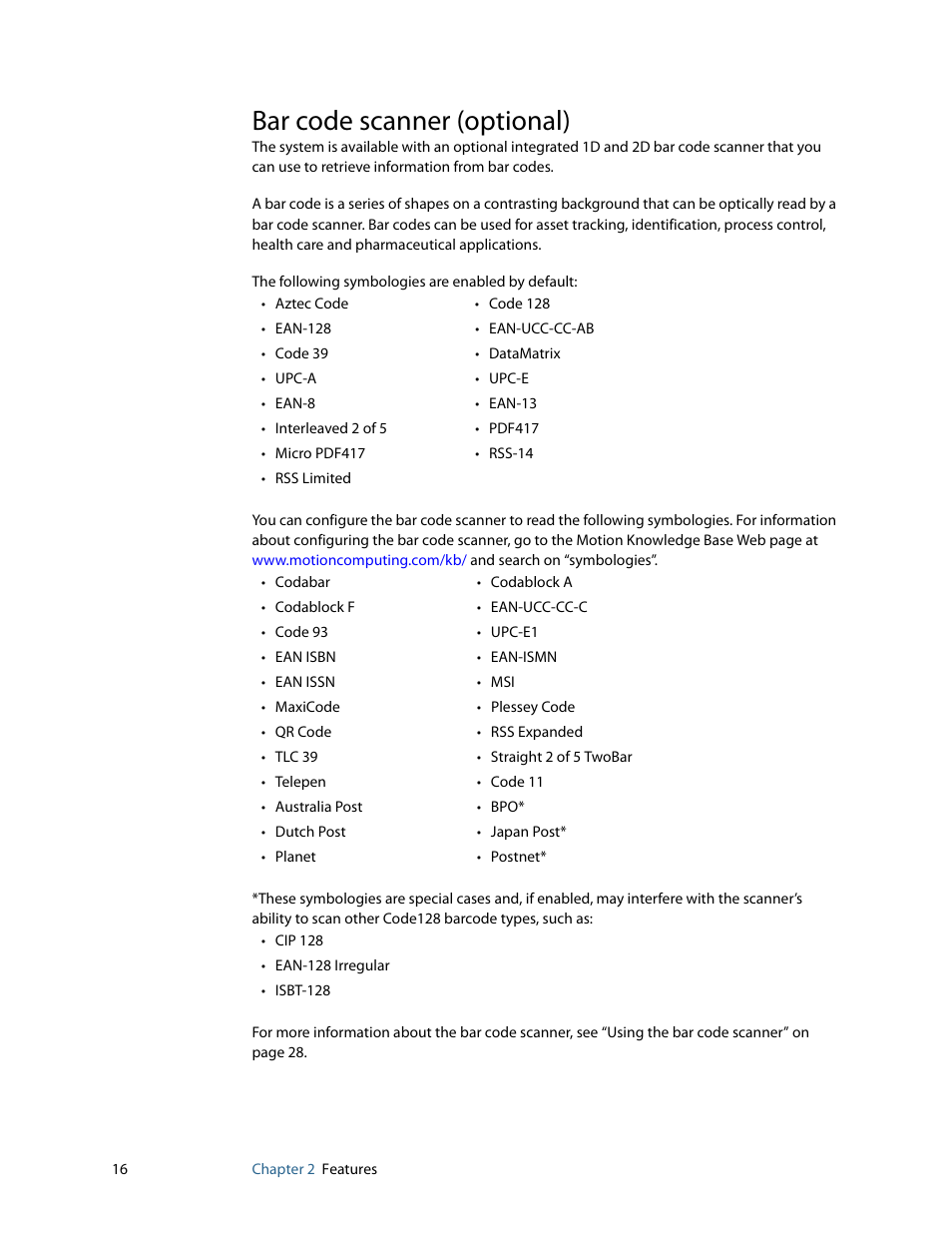 Bar code scanner (optional) | Motion Computing F5 User Manual | Page 22 / 78