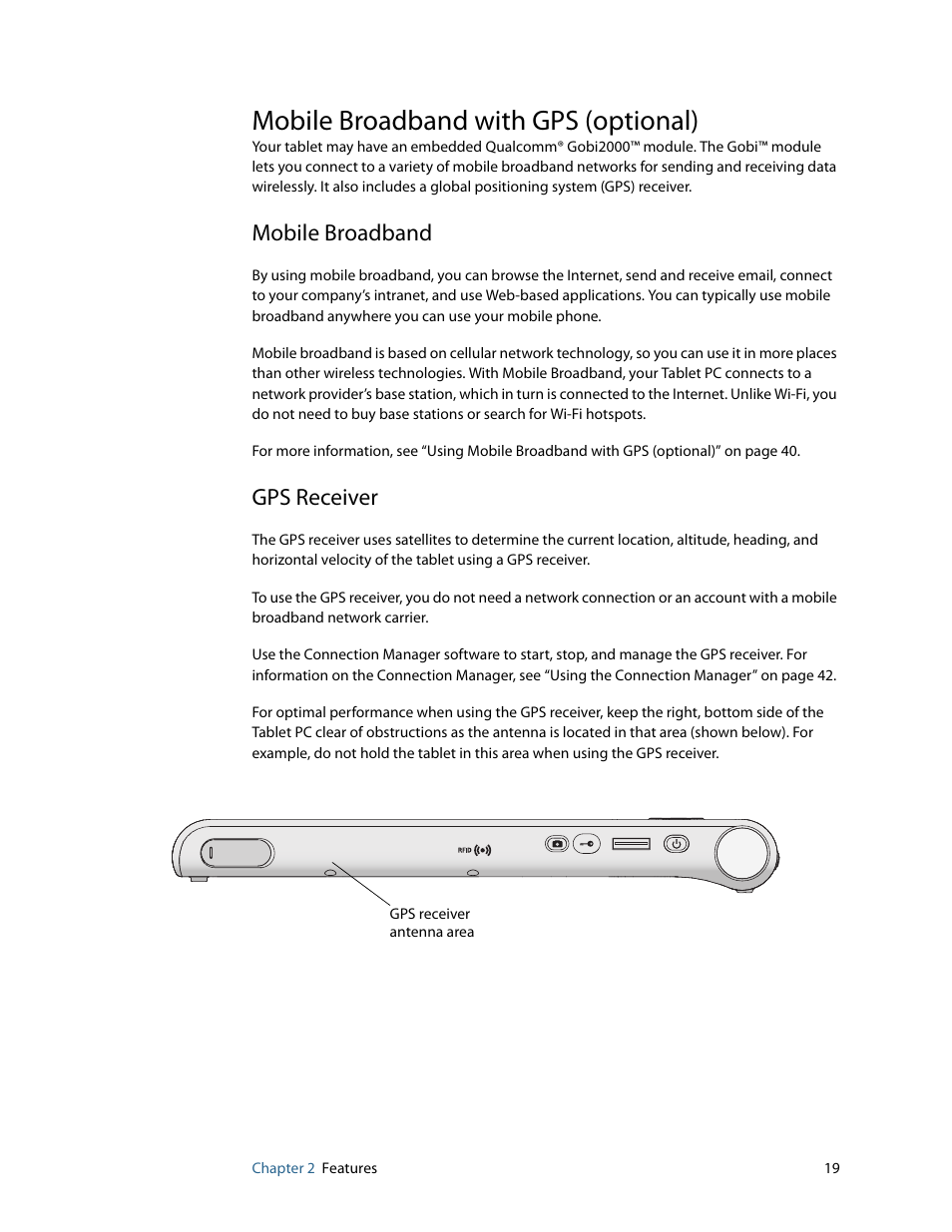 Mobile broadband with gps (optional), Mobile broadband, Gps receiver | Mobile broadband gps receiver | Motion Computing F5 User Manual | Page 25 / 78