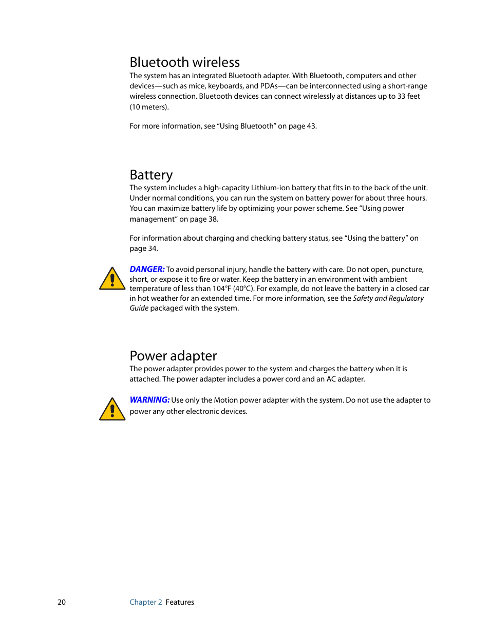 Bluetooth wireless, Battery, Power adapter | Bluetooth wireless battery power adapter | Motion Computing F5 User Manual | Page 26 / 78