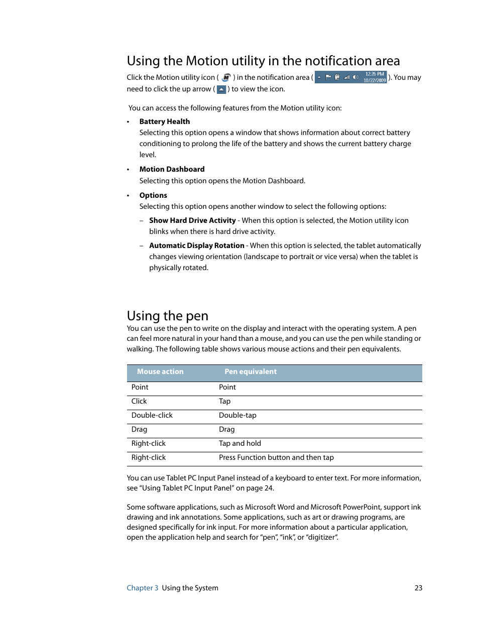 Using the motion utility in the notification area, Using the pen | Motion Computing F5 User Manual | Page 29 / 78