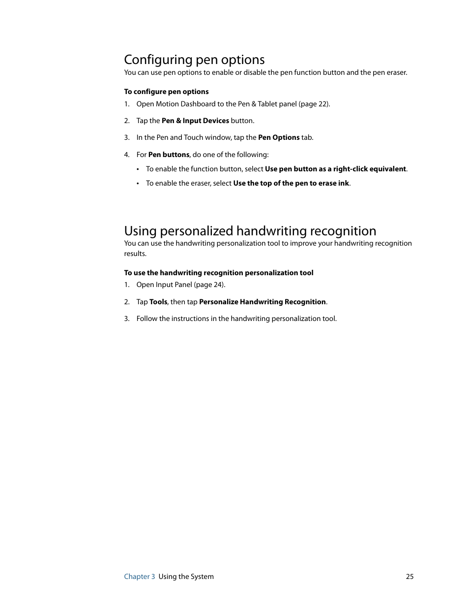 Configuring pen options, Using personalized handwriting recognition | Motion Computing F5 User Manual | Page 31 / 78