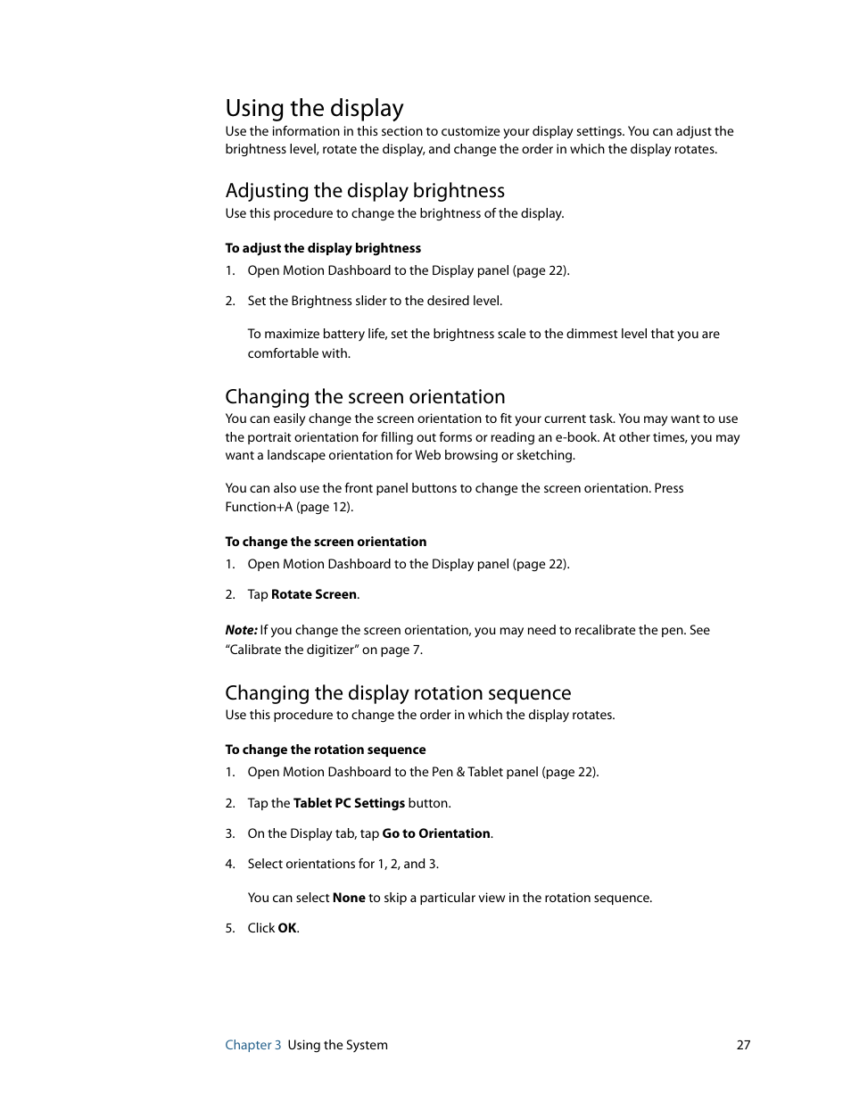 Using the display, Adjusting the display brightness, Changing the screen orientation | Changing the display rotation sequence | Motion Computing F5 User Manual | Page 33 / 78