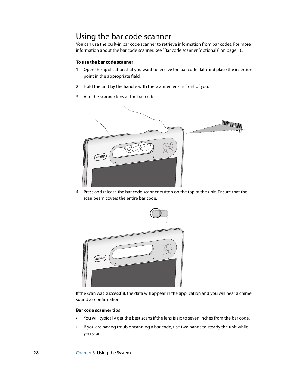 Using the bar code scanner | Motion Computing F5 User Manual | Page 34 / 78