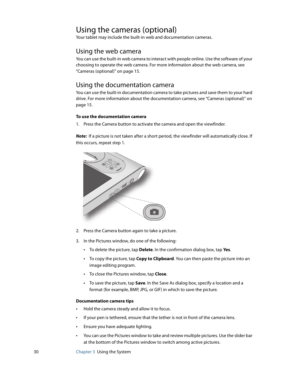 Using the cameras (optional), Using the web camera, Using the documentation camera | Motion Computing F5 User Manual | Page 36 / 78