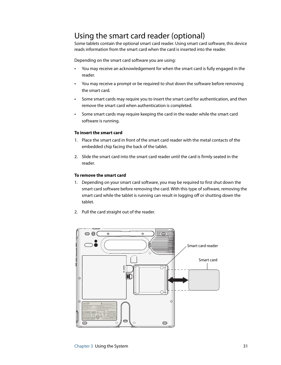 Using the smart card reader (optional) | Motion Computing F5 User Manual | Page 37 / 78