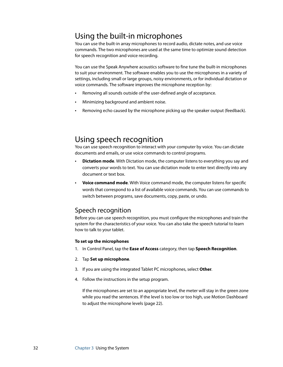 Using the built-in microphones, Using speech recognition, Speech recognition | Motion Computing F5 User Manual | Page 38 / 78