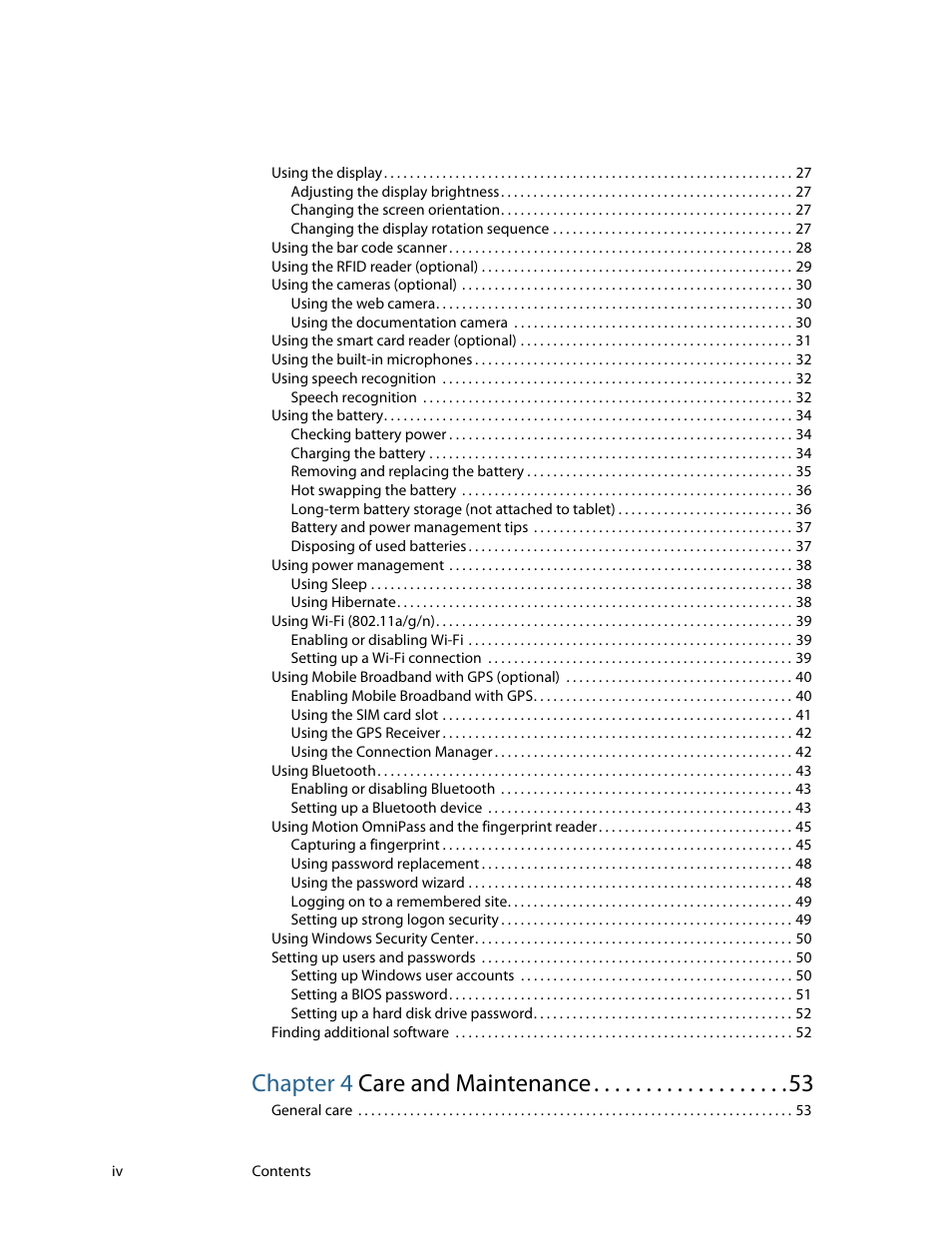 Chapter 4 care and maintenance 53, Chapter 4 care and maintenance | Motion Computing F5 User Manual | Page 4 / 78