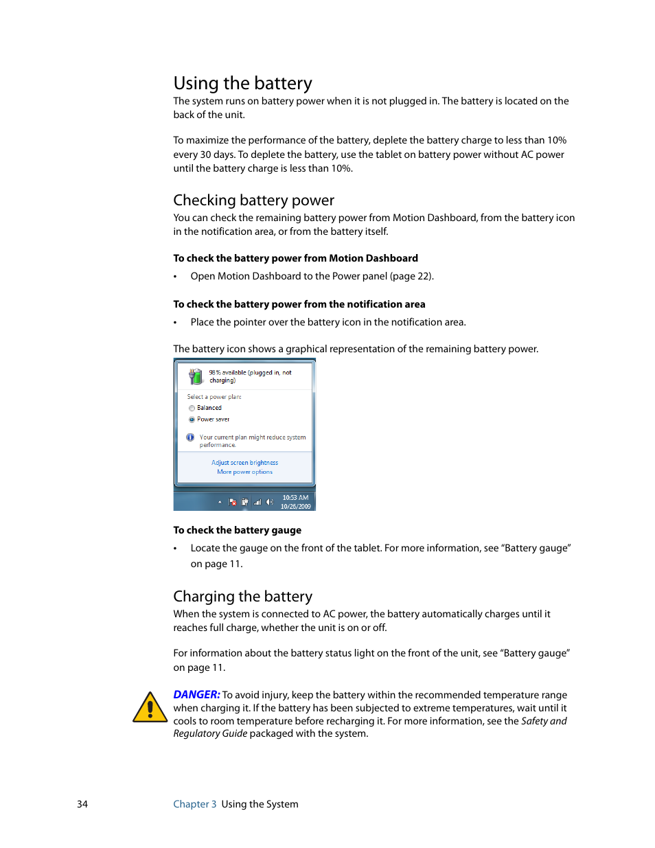 Using the battery, Checking battery power, Charging the battery | Checking battery power charging the battery | Motion Computing F5 User Manual | Page 40 / 78