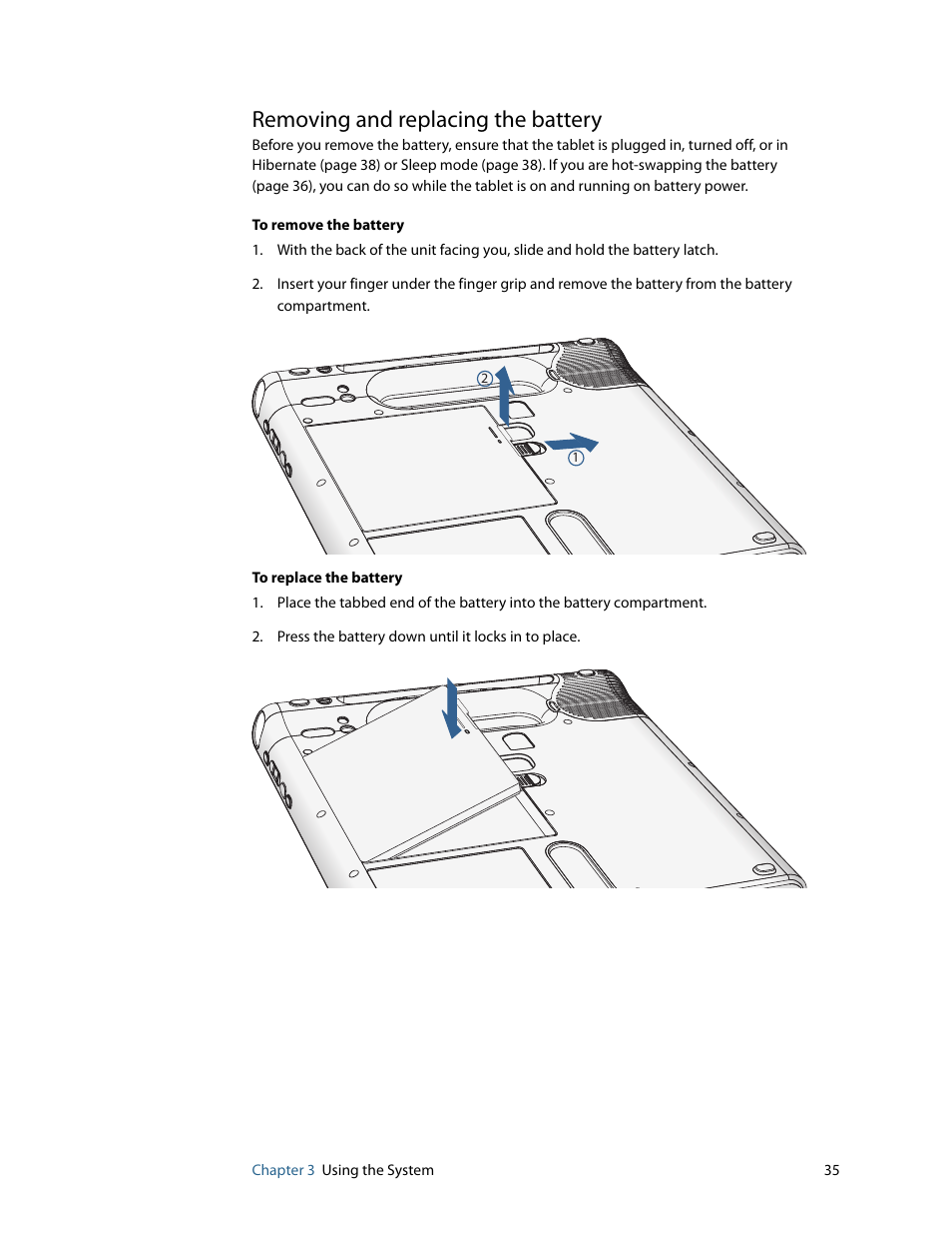 Removing and replacing the battery | Motion Computing F5 User Manual | Page 41 / 78