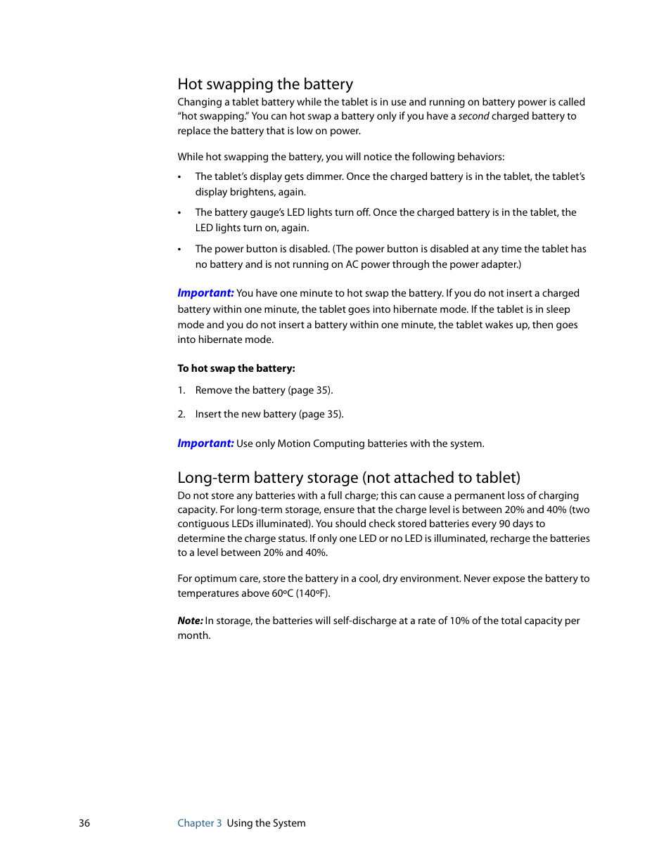 Hot swapping the battery, Long-term battery storage (not attached to tablet) | Motion Computing F5 User Manual | Page 42 / 78