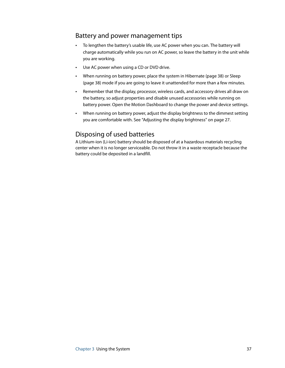 Battery and power management tips, Disposing of used batteries | Motion Computing F5 User Manual | Page 43 / 78