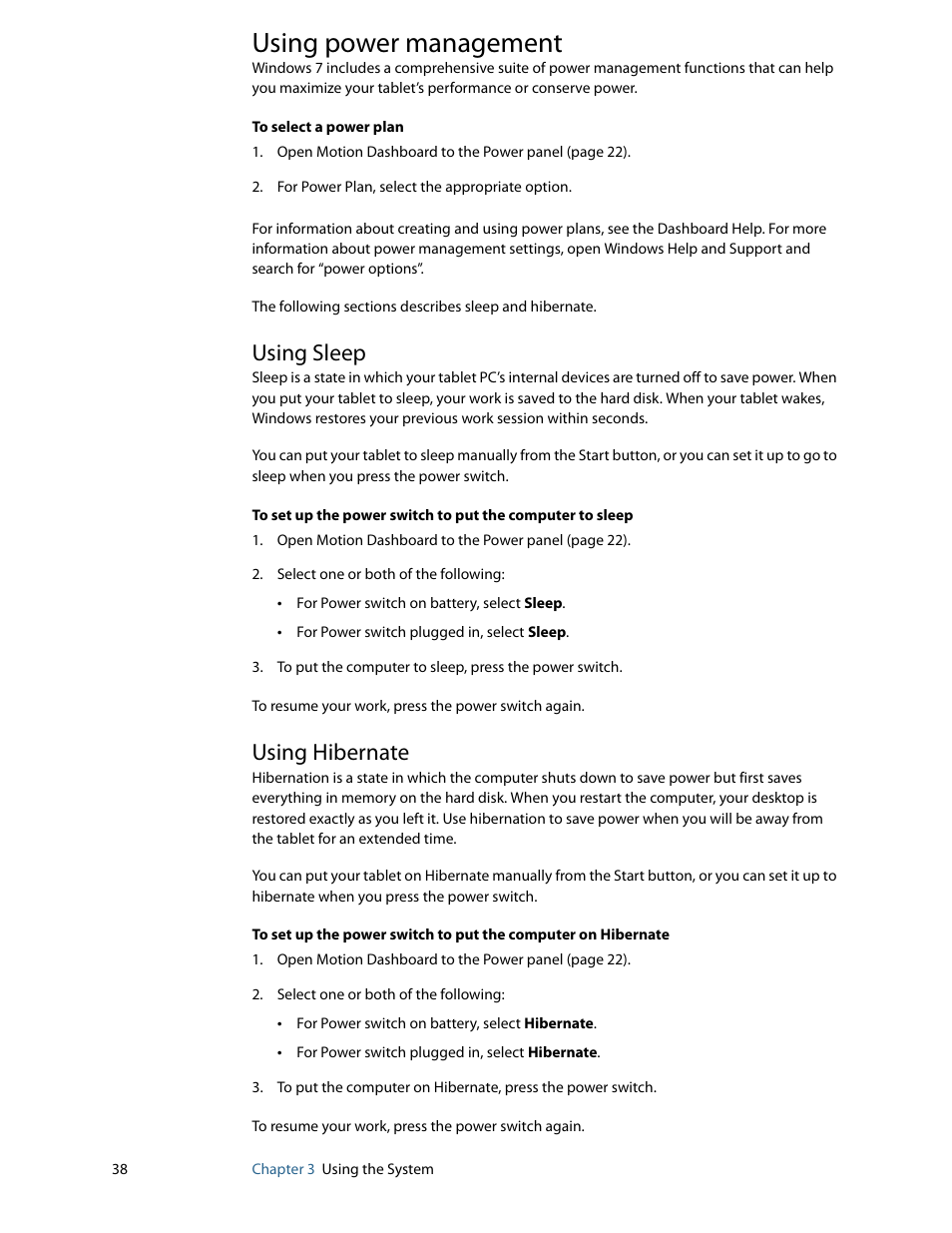 Using power management, Using sleep, Using hibernate | Using sleep using hibernate | Motion Computing F5 User Manual | Page 44 / 78