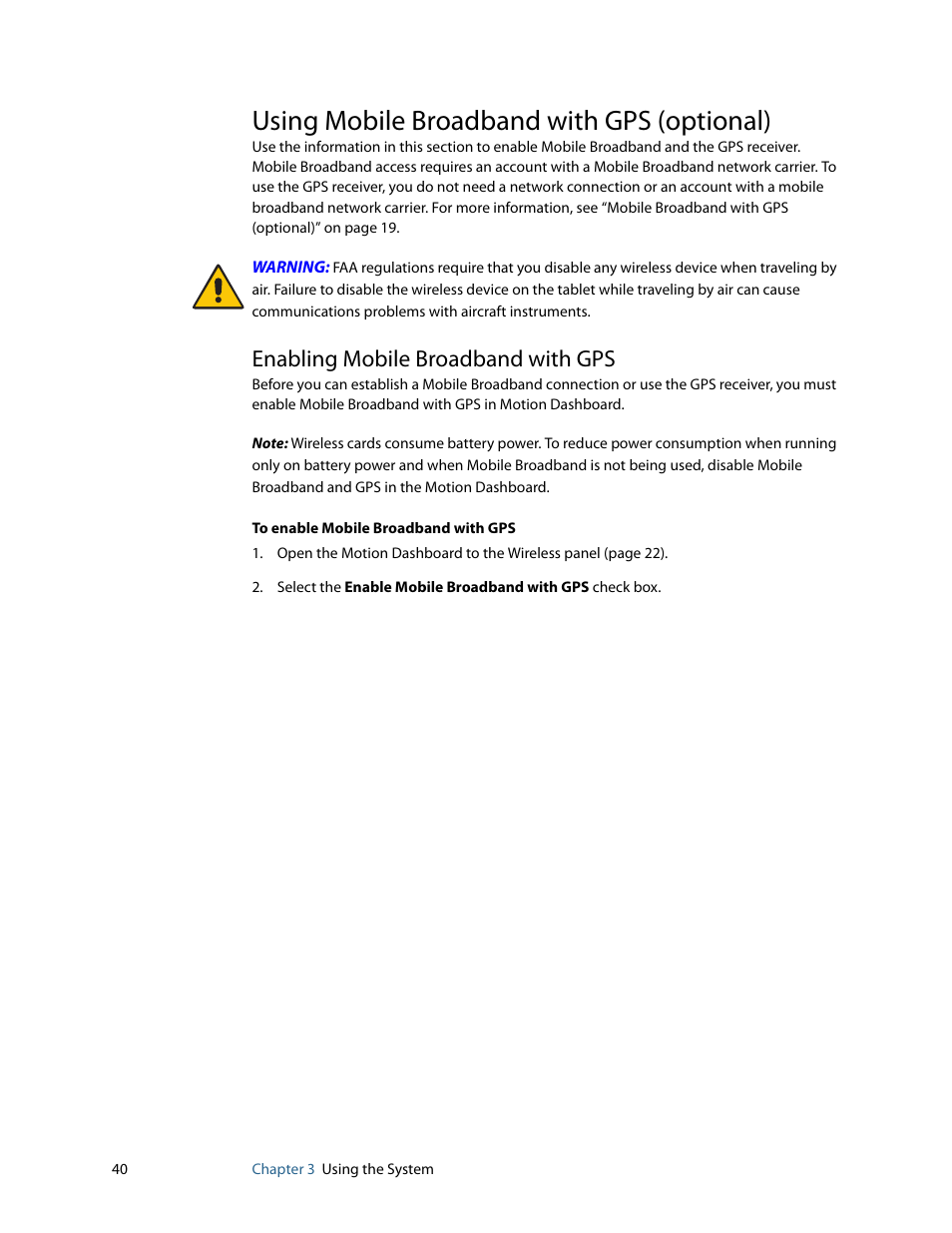 Using mobile broadband with gps (optional), Enabling mobile broadband with gps | Motion Computing F5 User Manual | Page 46 / 78