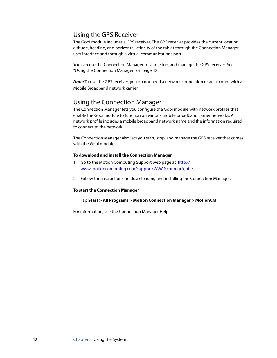 Using the gps receiver, Using the connection manager | Motion Computing F5 User Manual | Page 48 / 78