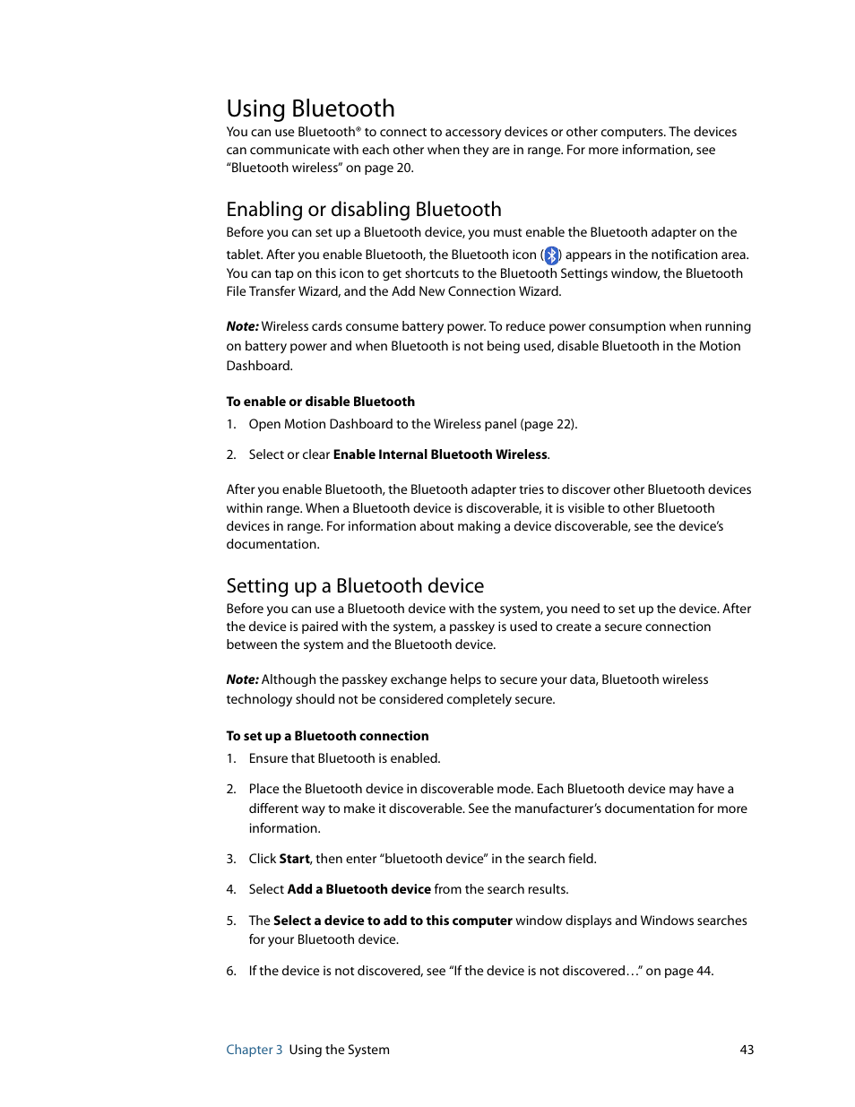Using bluetooth, Enabling or disabling bluetooth, Setting up a bluetooth device | Motion Computing F5 User Manual | Page 49 / 78