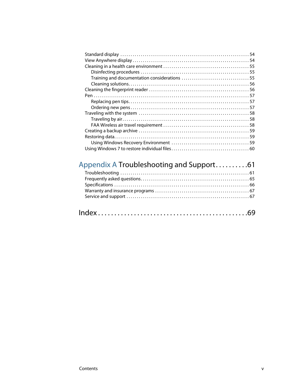Appendix a troubleshooting and support, Index | Motion Computing F5 User Manual | Page 5 / 78