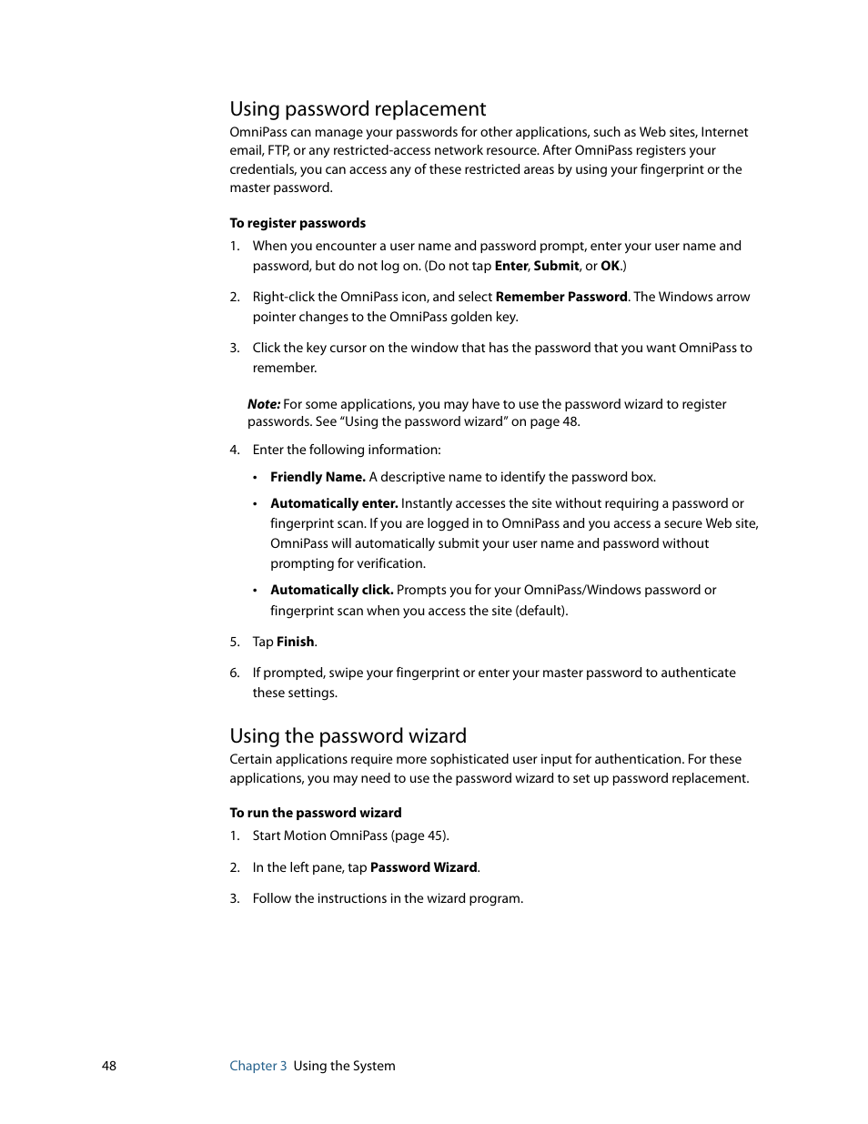 Using password replacement, Using the password wizard | Motion Computing F5 User Manual | Page 54 / 78
