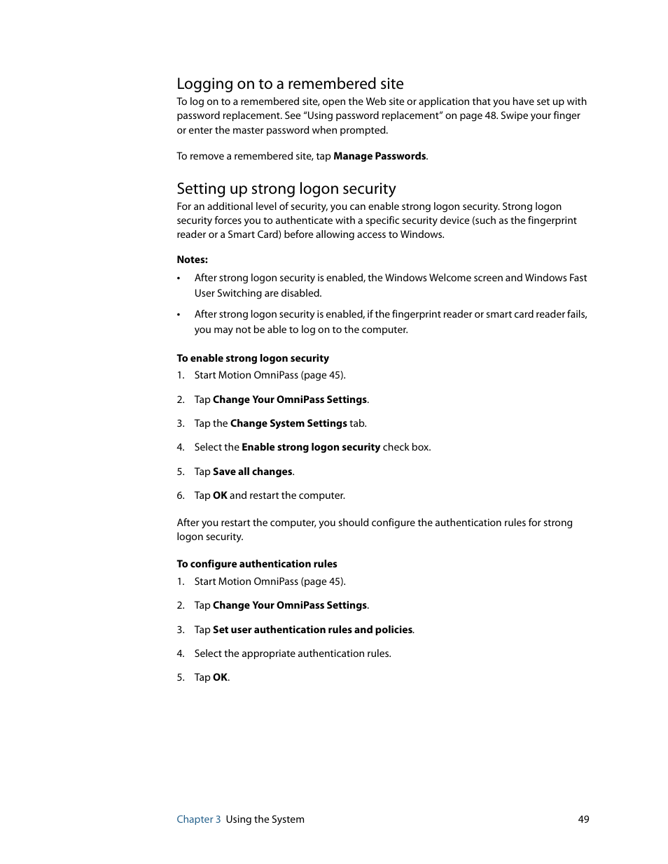 Logging on to a remembered site, Setting up strong logon security | Motion Computing F5 User Manual | Page 55 / 78