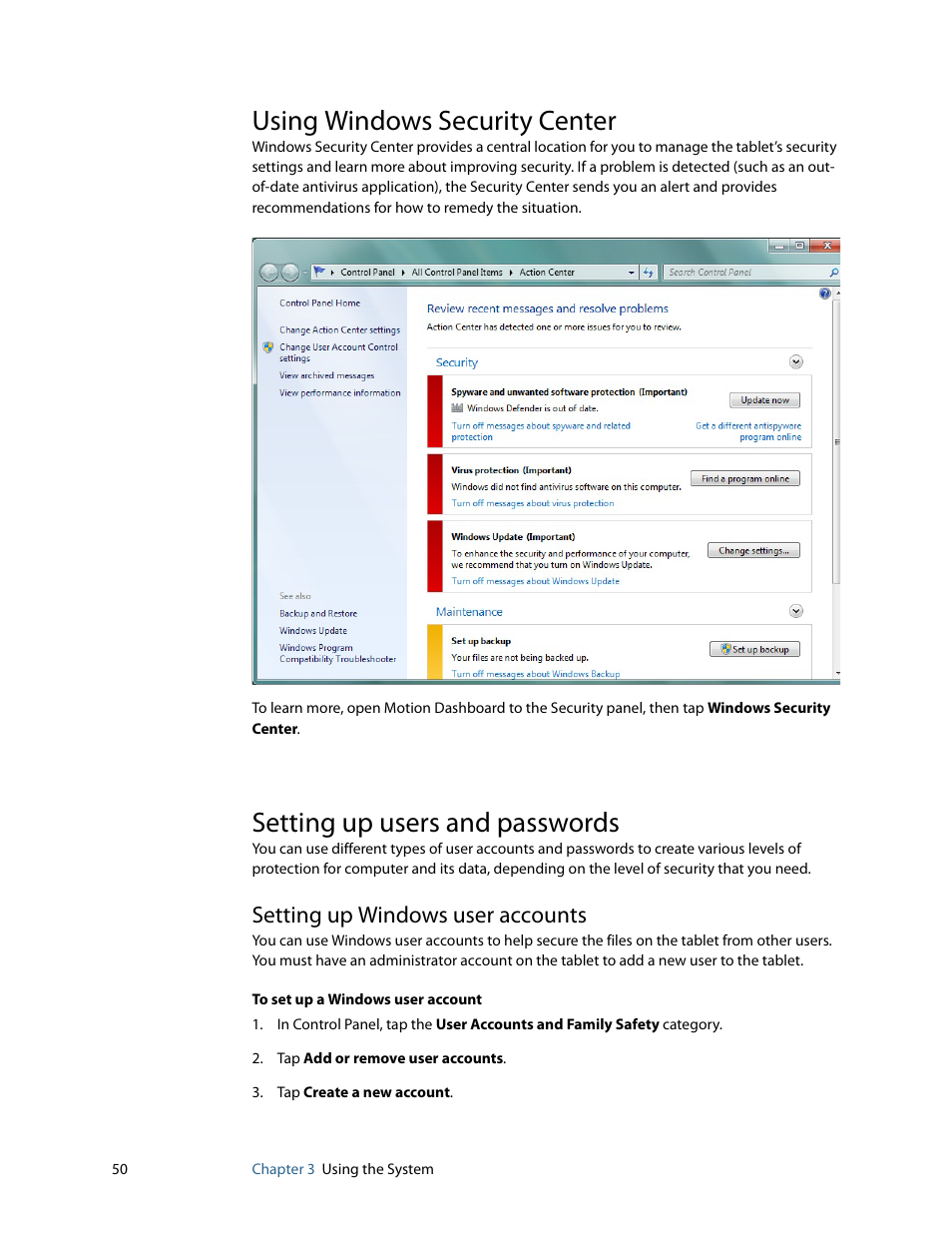 Using windows security center, Setting up users and passwords, Setting up windows user accounts | Motion Computing F5 User Manual | Page 56 / 78