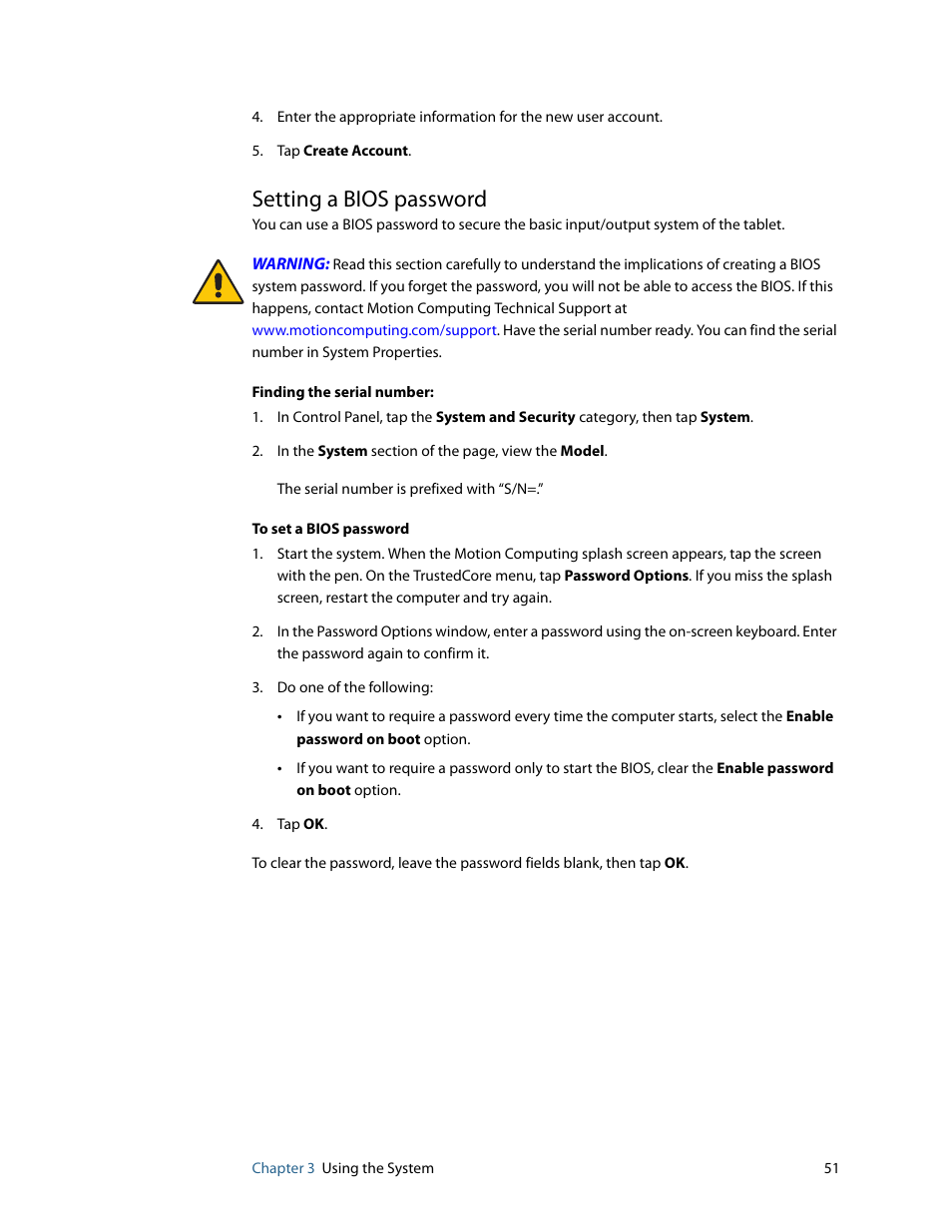 Setting a bios password | Motion Computing F5 User Manual | Page 57 / 78