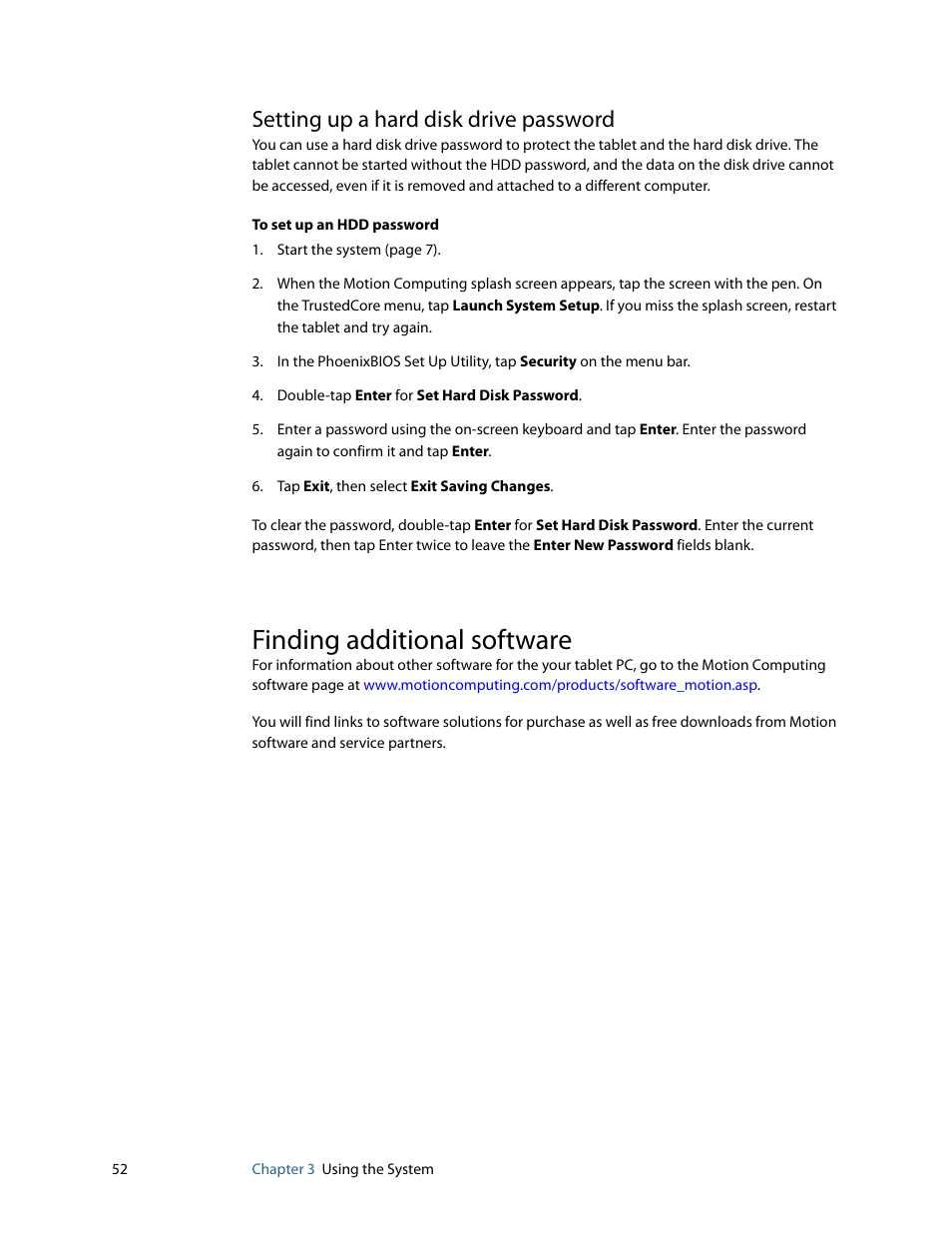 Setting up a hard disk drive password, Finding additional software | Motion Computing F5 User Manual | Page 58 / 78
