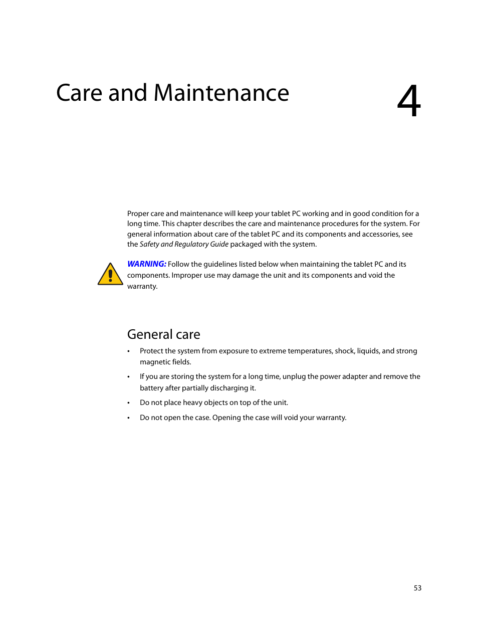 Care and maintenance, General care, Chapter 4 | Motion Computing F5 User Manual | Page 59 / 78
