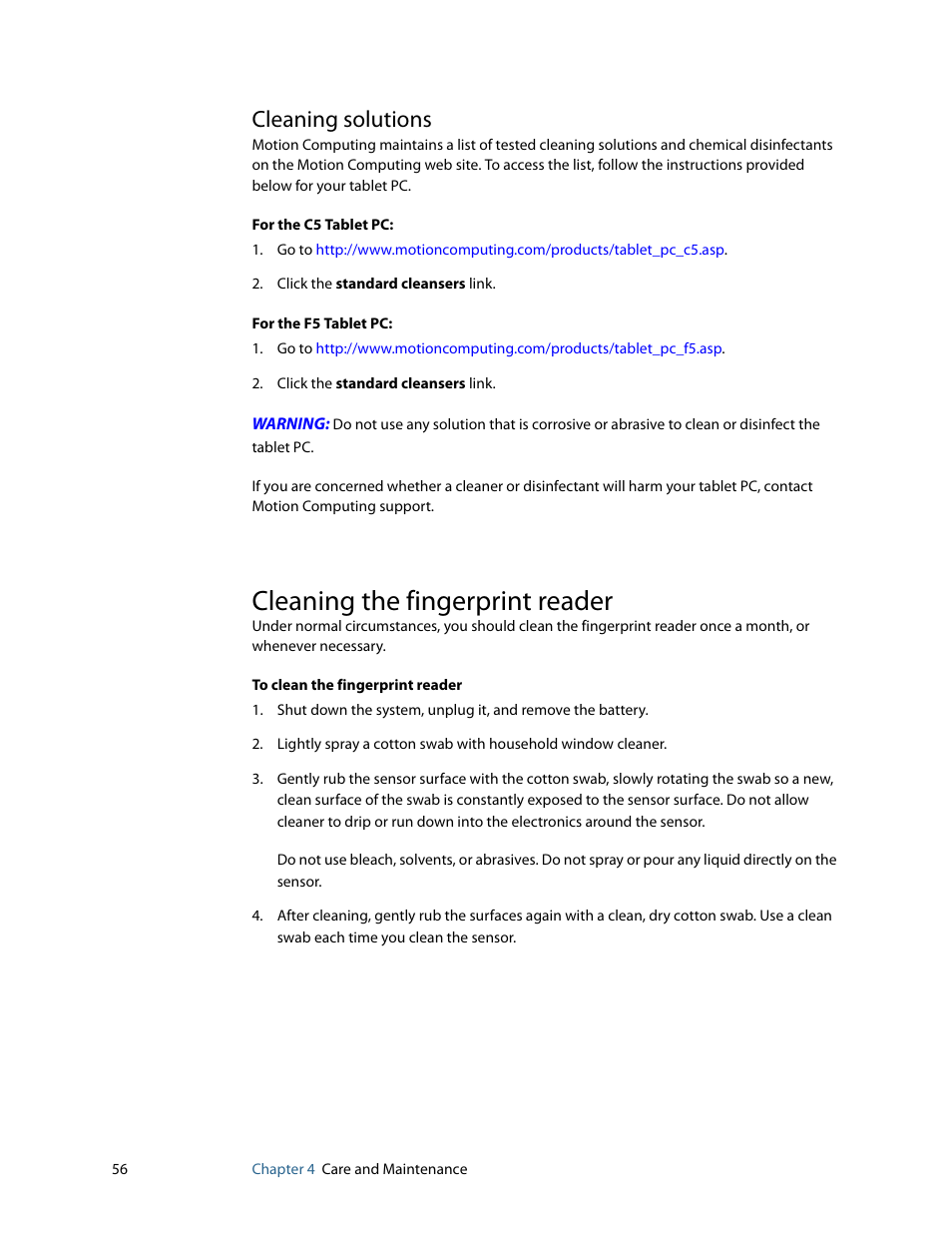 Cleaning solutions, Cleaning the fingerprint reader | Motion Computing F5 User Manual | Page 62 / 78