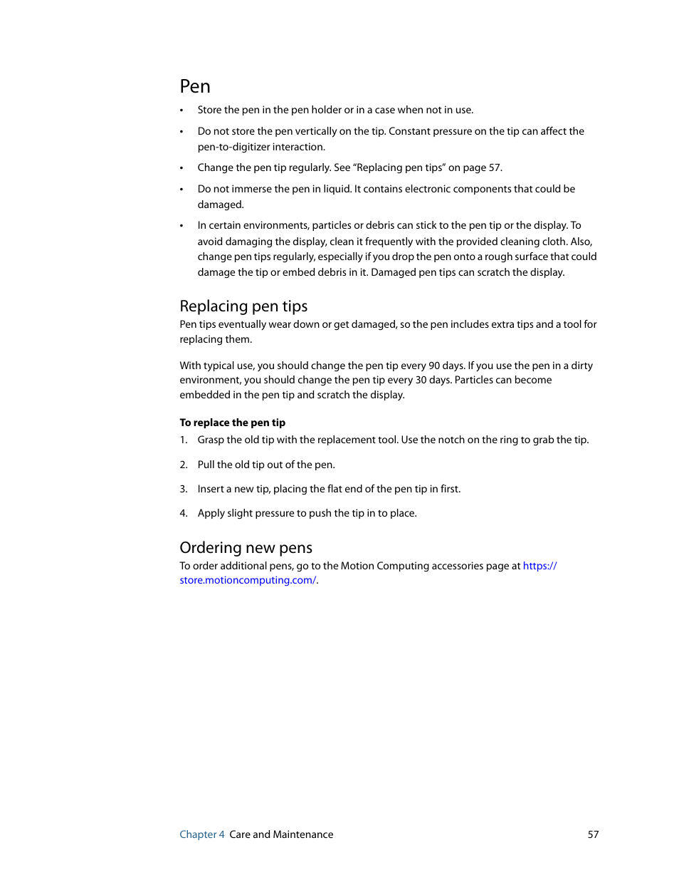 Replacing pen tips, Ordering new pens, Replacing pen tips ordering new pens | Motion Computing F5 User Manual | Page 63 / 78