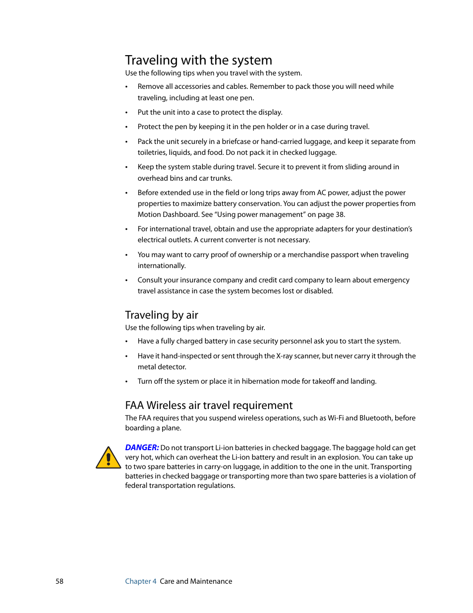 Traveling with the system, Traveling by air, Faa wireless air travel requirement | Motion Computing F5 User Manual | Page 64 / 78
