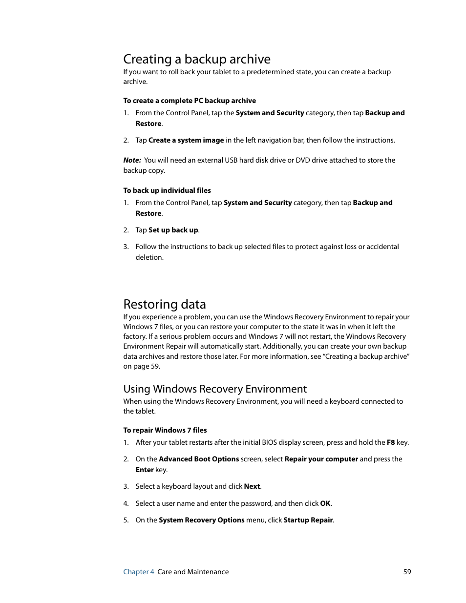 Creating a backup archive, Restoring data, Using windows recovery environment | Creating a backup archive restoring data | Motion Computing F5 User Manual | Page 65 / 78