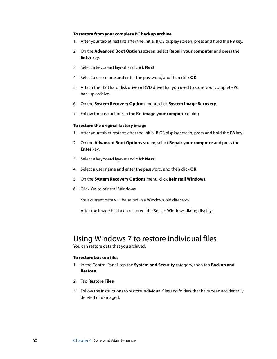 Using windows 7 to restore individual files | Motion Computing F5 User Manual | Page 66 / 78