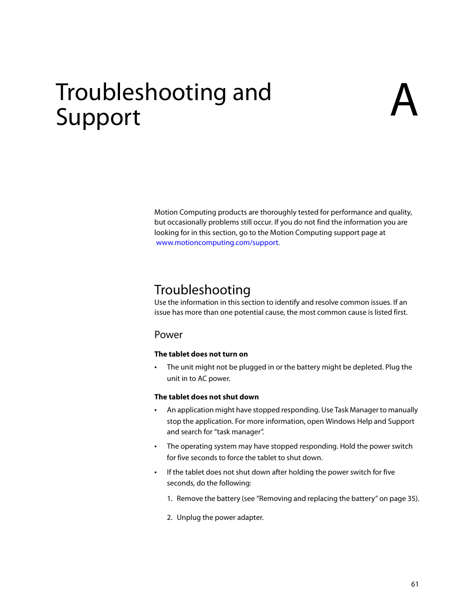 Troubleshooting and support, Troubleshooting, Appendix a | Motion Computing F5 User Manual | Page 67 / 78