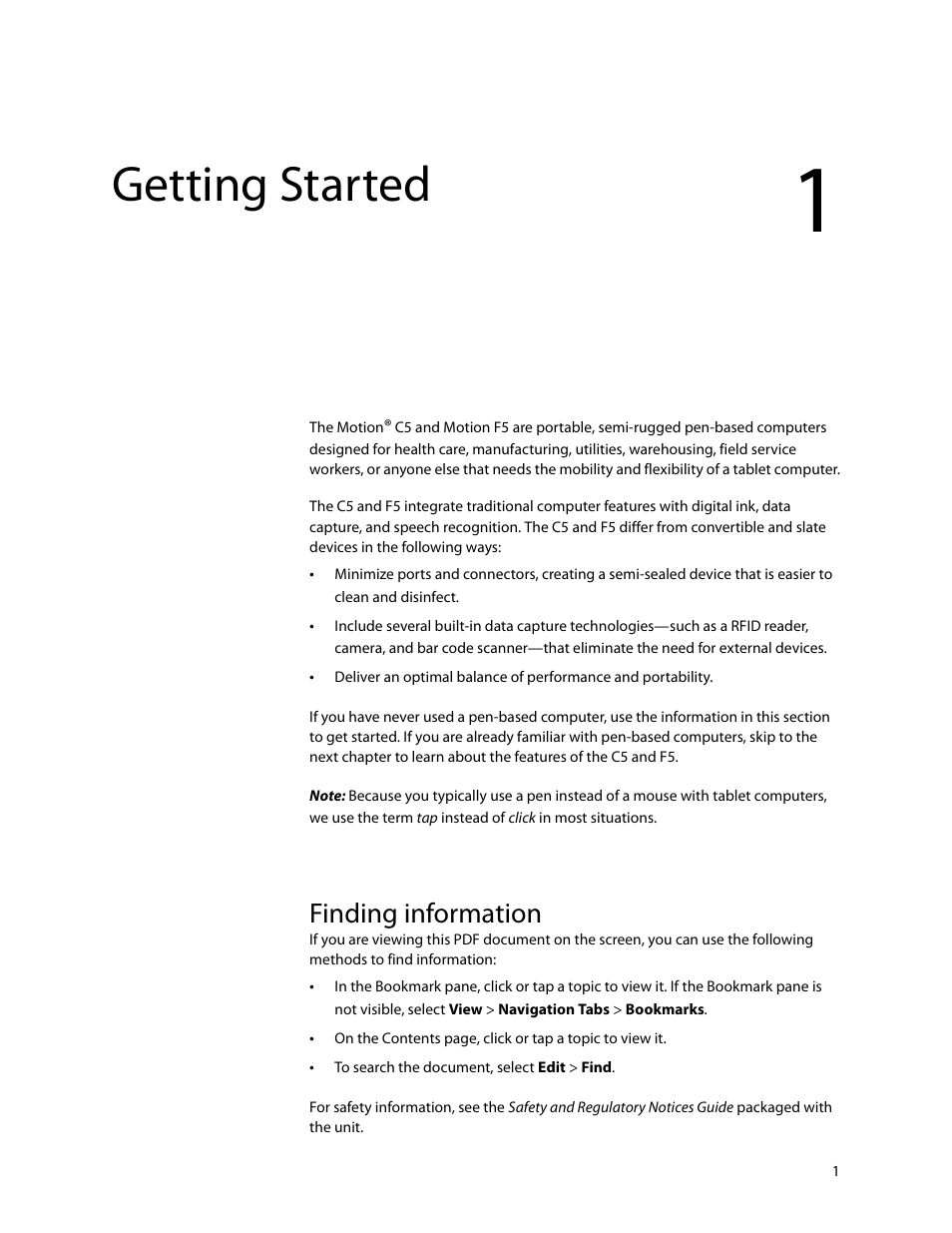 Getting started, Finding information, Chapter 1 | Motion Computing F5 User Manual | Page 7 / 78