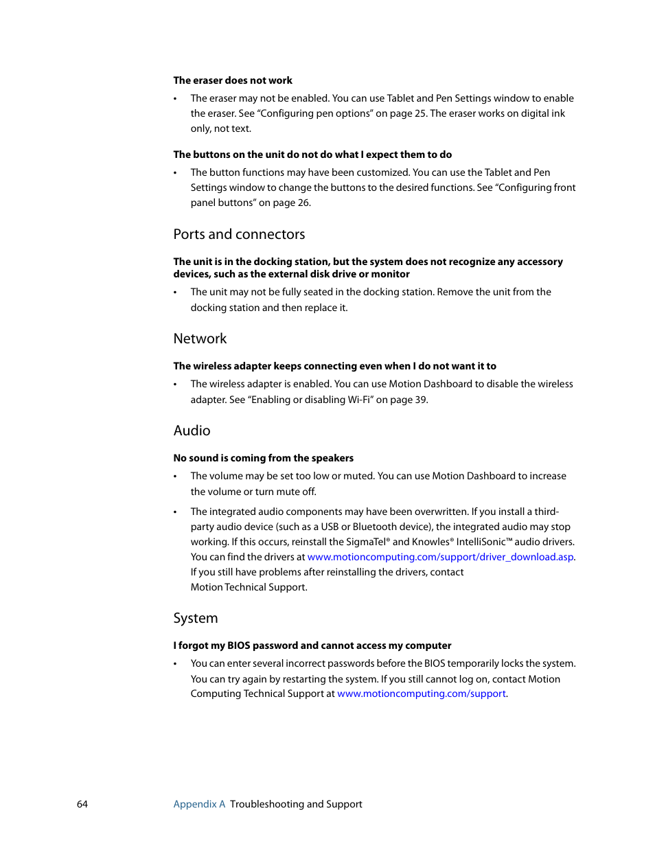 Ports and connectors, Network, Audio | System | Motion Computing F5 User Manual | Page 70 / 78