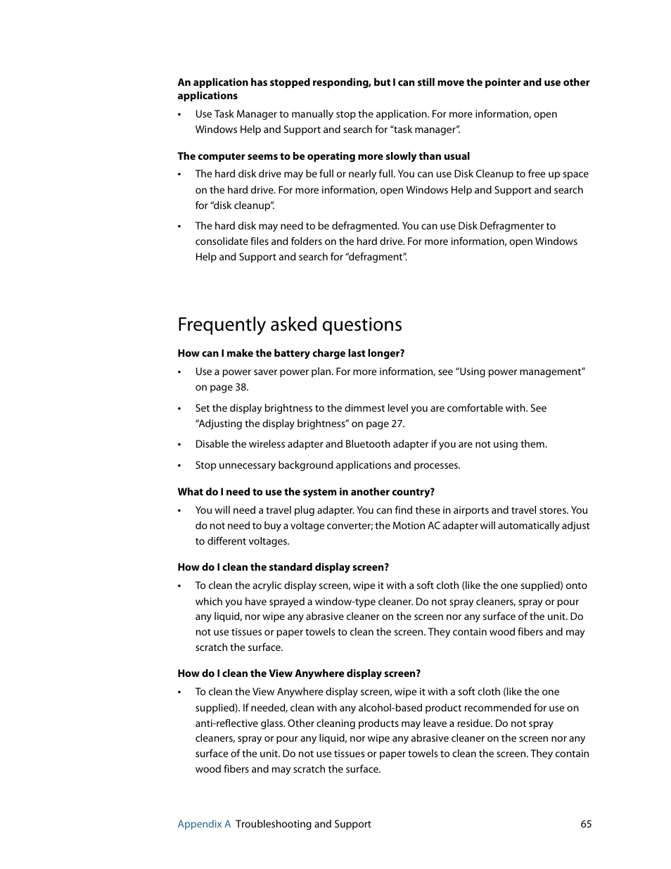 Frequently asked questions | Motion Computing F5 User Manual | Page 71 / 78
