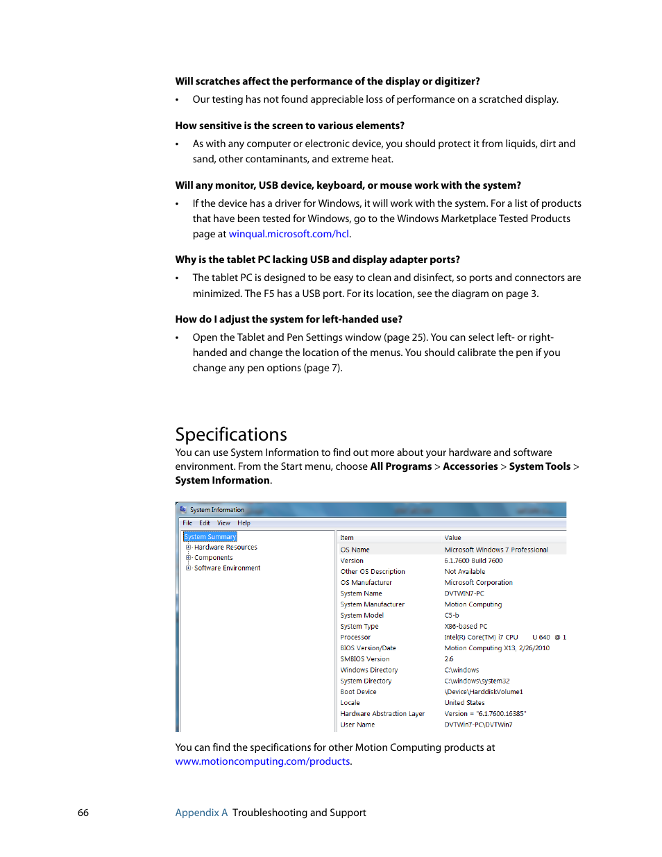 Specifications | Motion Computing F5 User Manual | Page 72 / 78