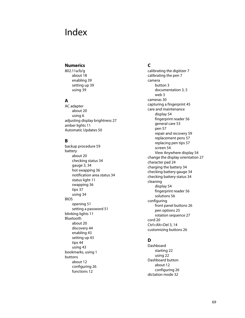 Index, Numerics | Motion Computing F5 User Manual | Page 75 / 78