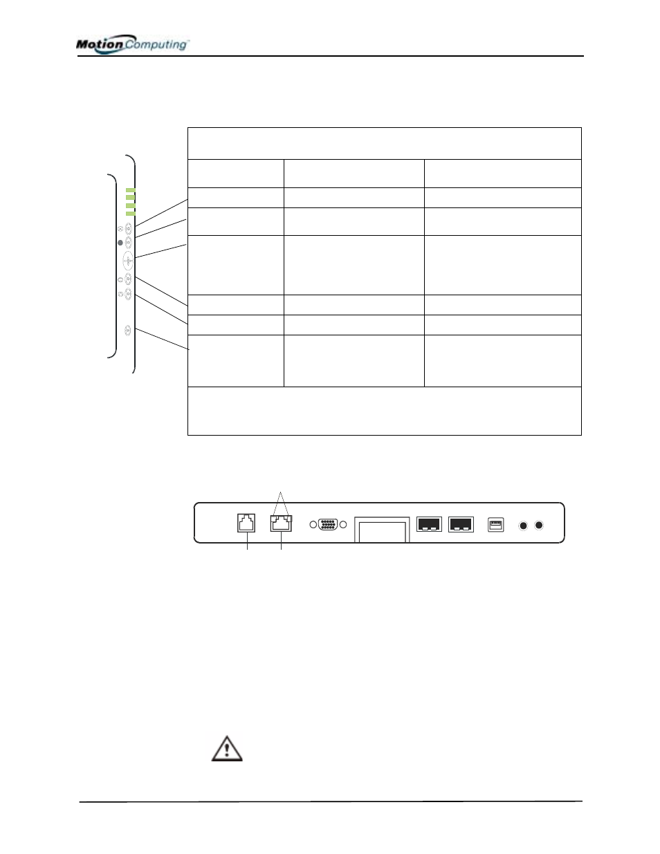Front panel buttons, Modem and lan ports locations | Motion Computing M1200 User Manual | Page 18 / 84