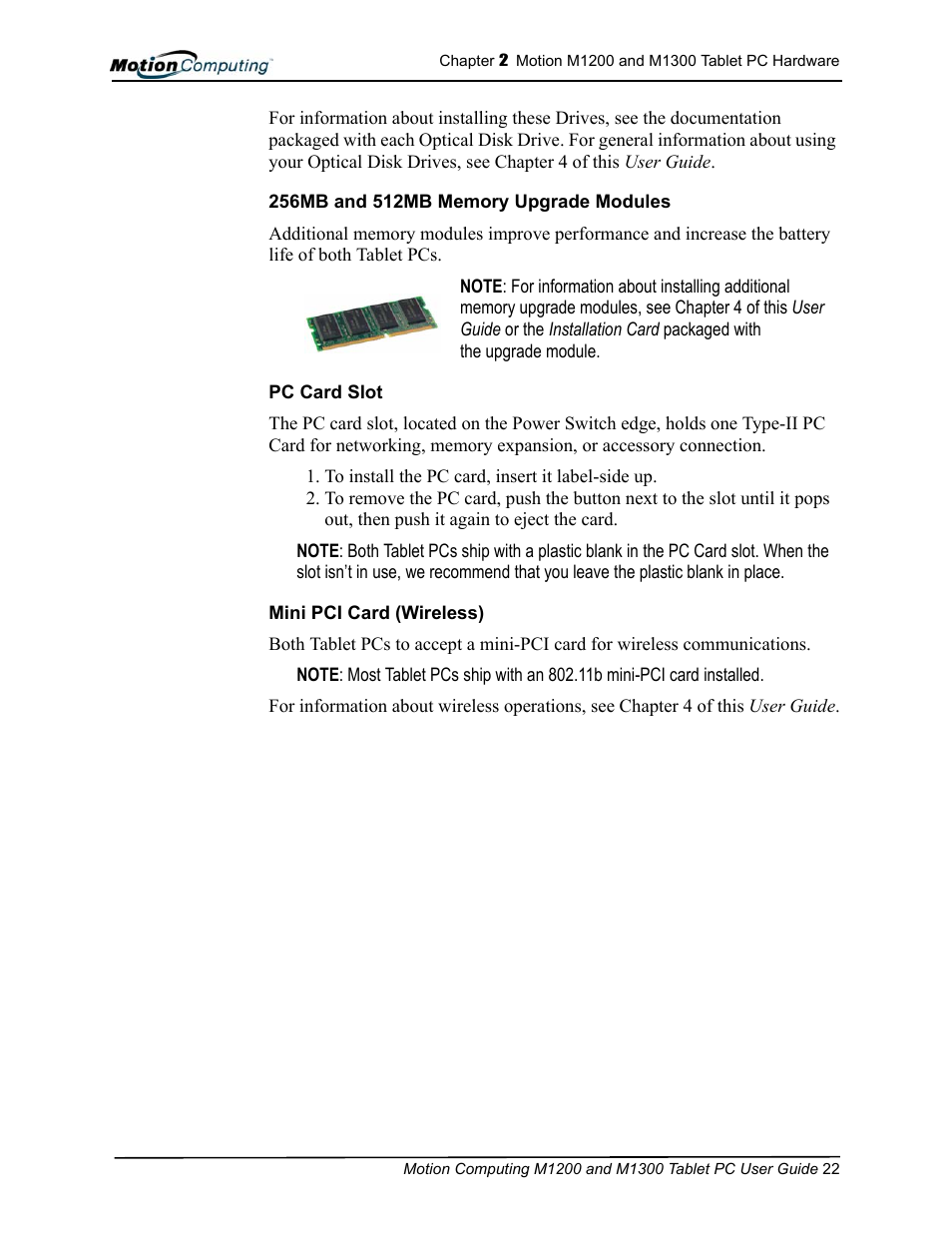 256mb and 512mb memory upgrade modules, Pc card slot | Motion Computing M1200 User Manual | Page 25 / 84