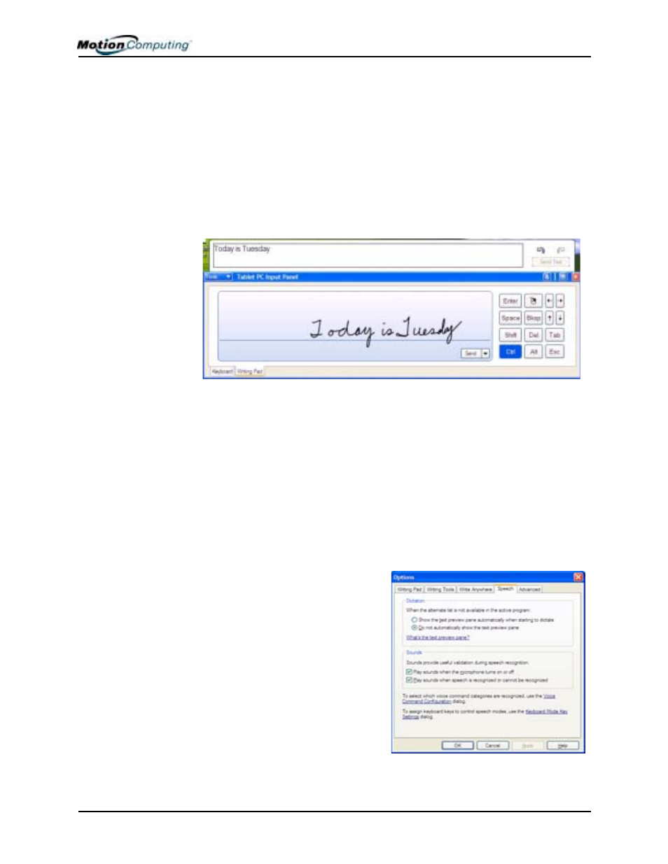Tablet pc input panel, Speech and voice recognition | Motion Computing M1200 User Manual | Page 29 / 84