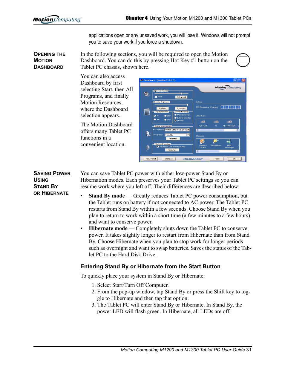 Opening the motion dashboard, Saving power using stand by or hibernate | Motion Computing M1200 User Manual | Page 34 / 84