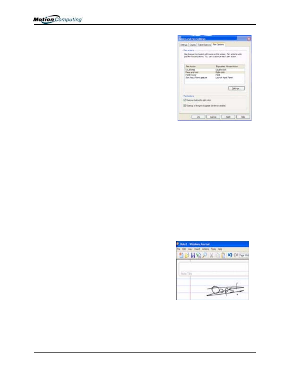 Adjusting pen properties for ease of use, Learning pen gestures to increase efficiency | Motion Computing M1200 User Manual | Page 38 / 84