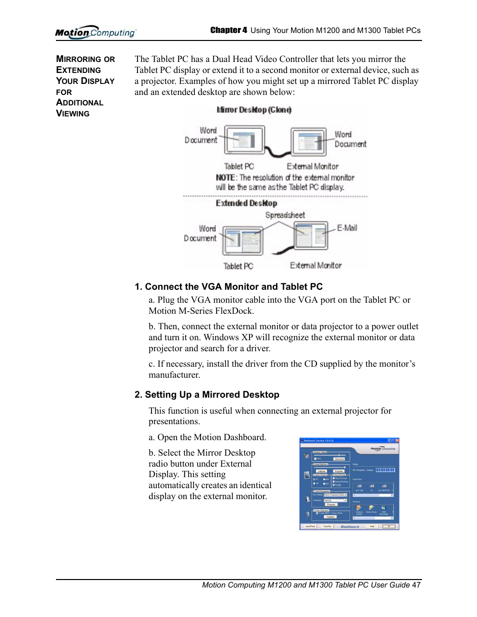 Mirroring and extending your display, Connect the vga monitor and tablet pc, Setting up a mirrored desktop | Motion Computing M1200 User Manual | Page 50 / 84