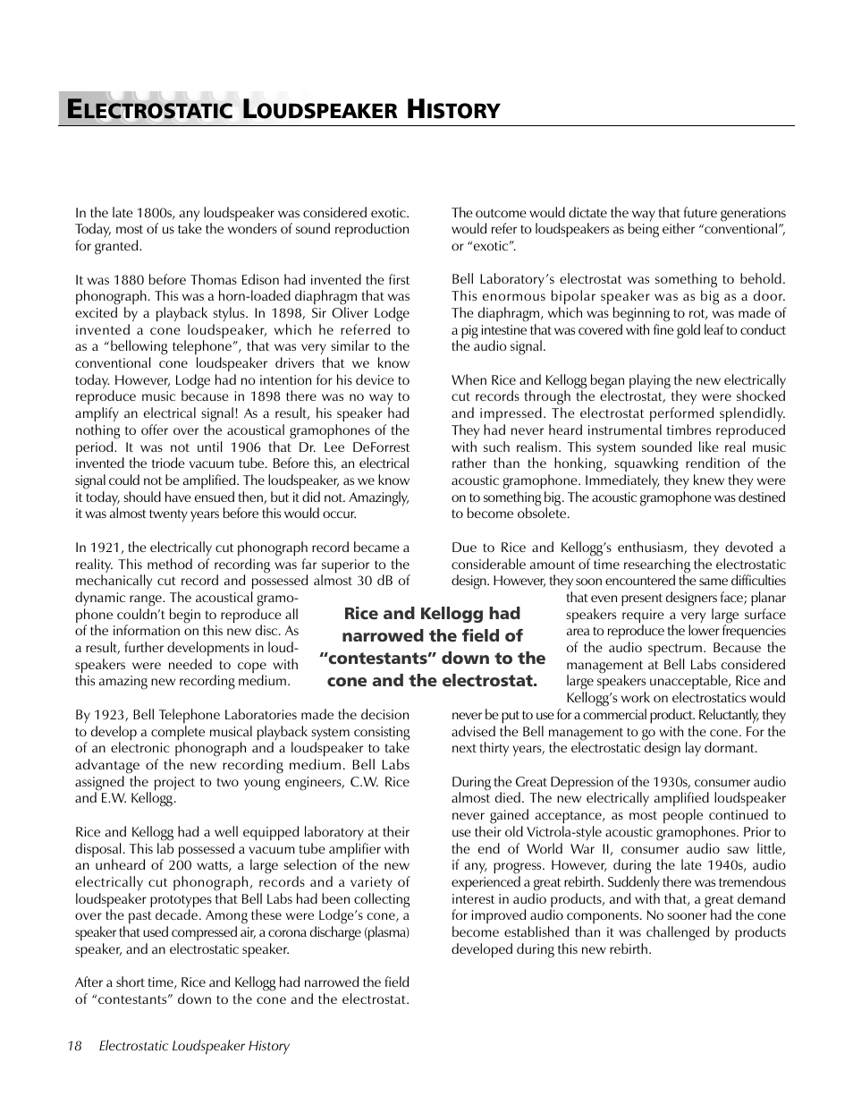 Electrostatic loudspeaker history, Lectrostatic, Oudspeaker | Istory | MartinLogan Odyssey User Manual | Page 18 / 28