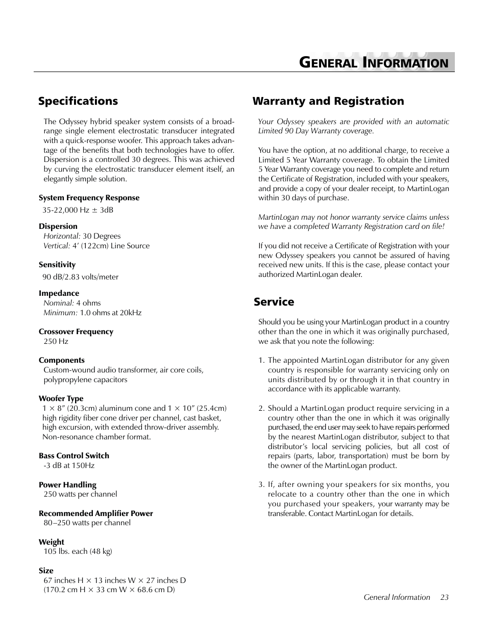 General information, Specifications, Warranty and registration | Service, Eneral, Nformation, Warranty and registration specifications | MartinLogan Odyssey User Manual | Page 23 / 28