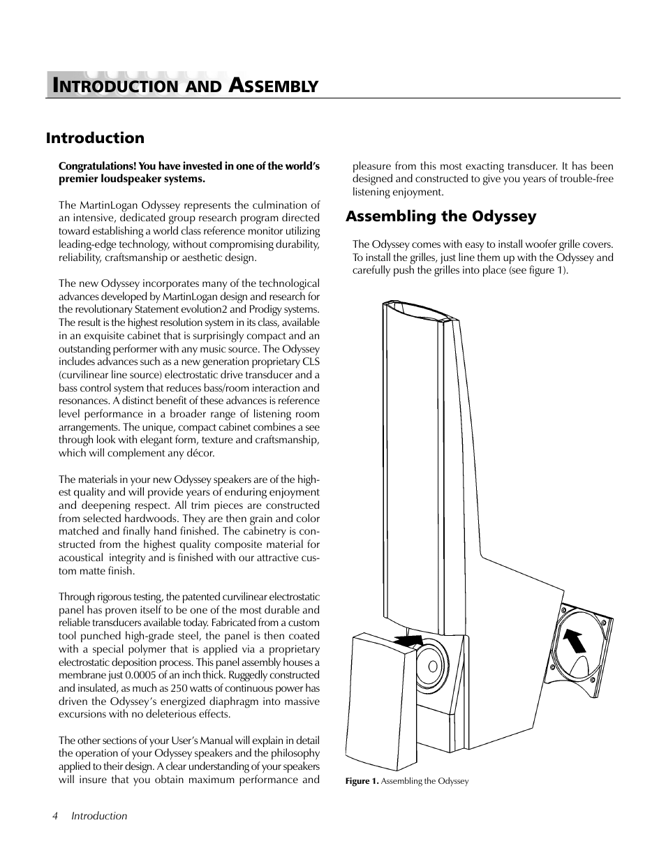 Introduction, Assembling the odyssey, Ntroduction and | Ssembly | MartinLogan Odyssey User Manual | Page 4 / 28