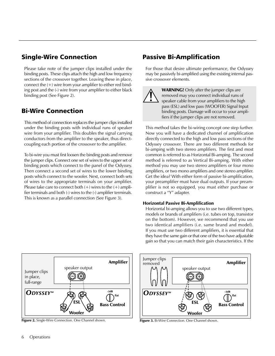 Single-wire connection, Bi-wire connection, Passive bi-amplification | Single-wire connection passive bi-amplification | MartinLogan Odyssey User Manual | Page 6 / 28