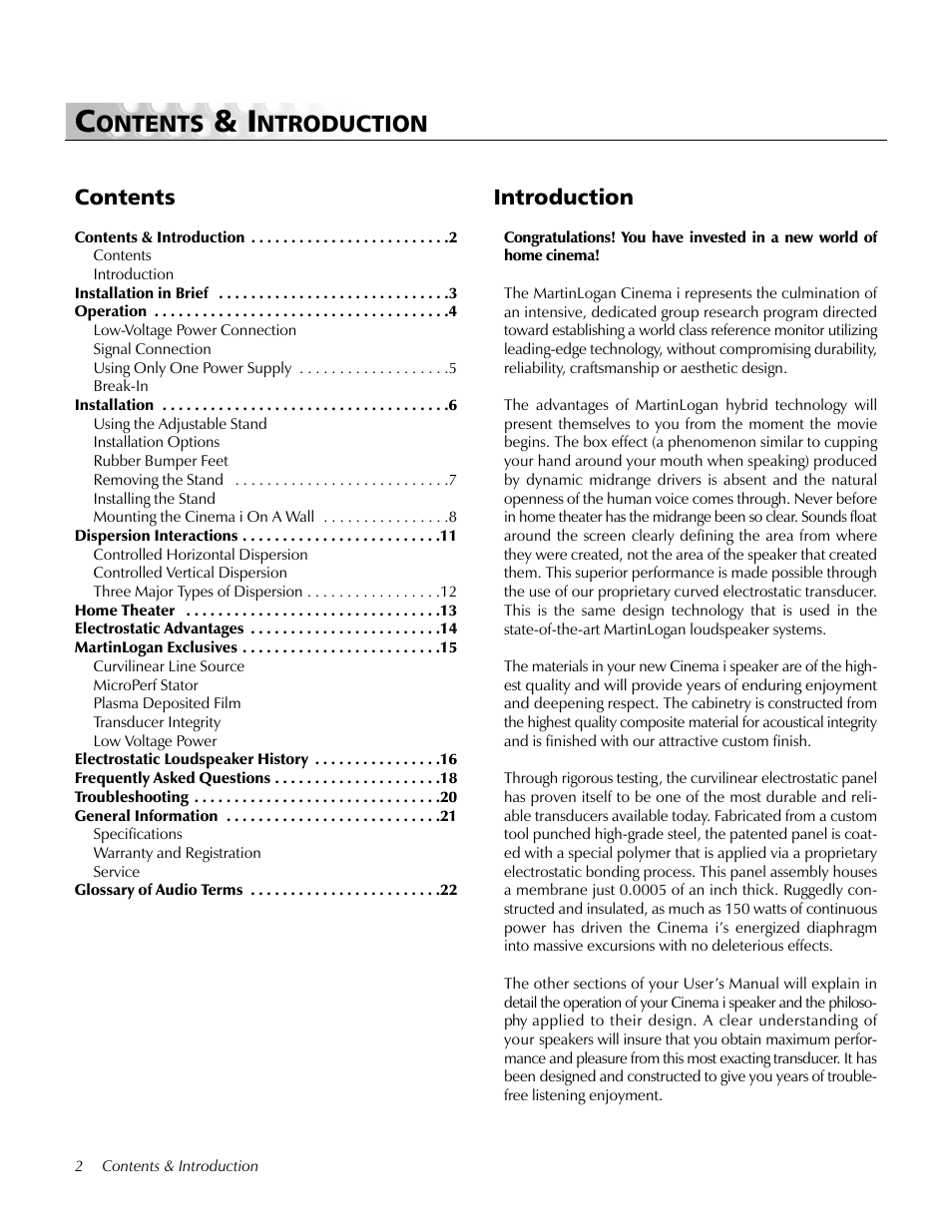 Contents and introduction, Ontents, Ntroduction | Contents introduction | MartinLogan i User Manual | Page 2 / 24