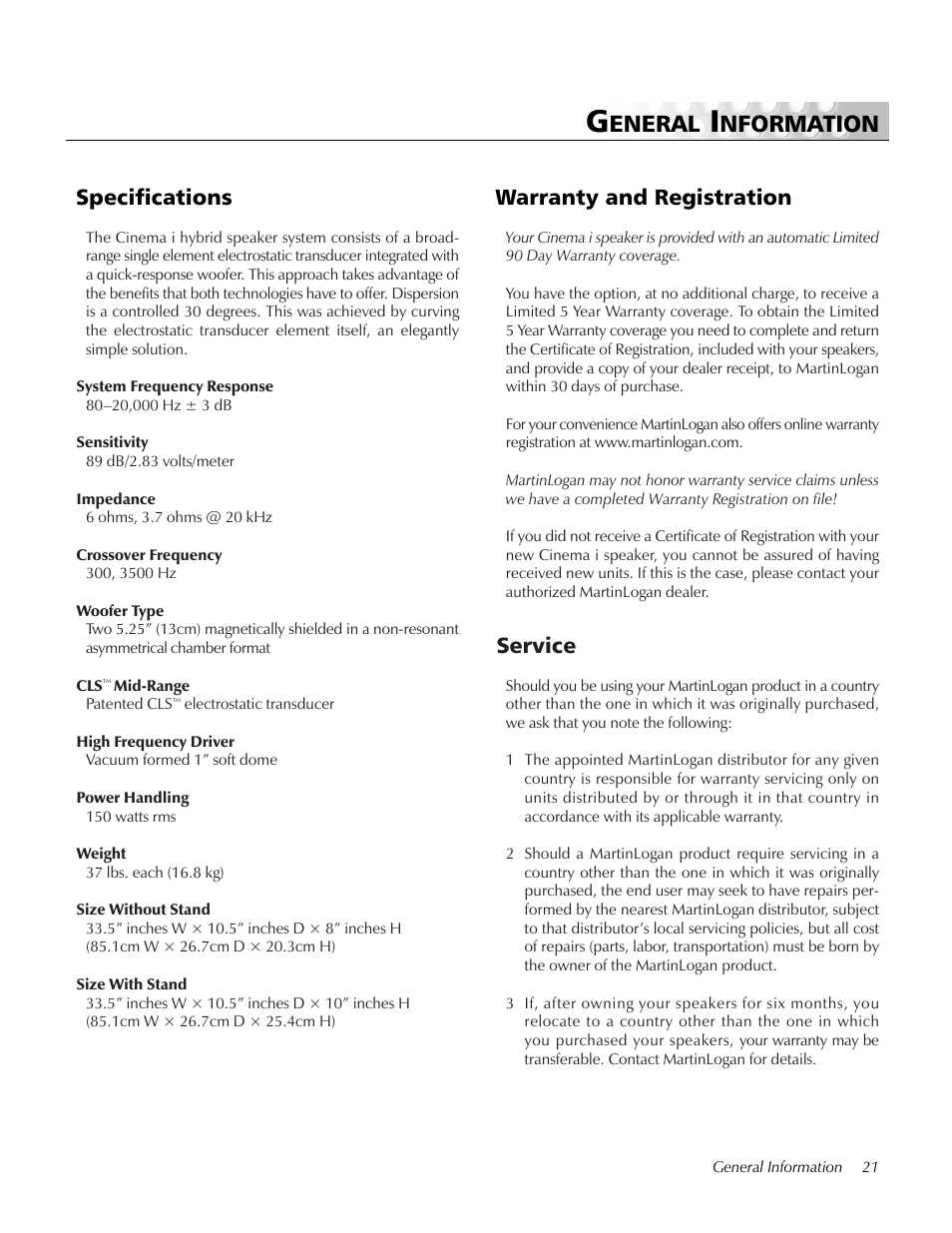 General information, Specifications, Warranty and registration | Service, Eneral, Nformation, Warranty and registration specifications | MartinLogan i User Manual | Page 21 / 24