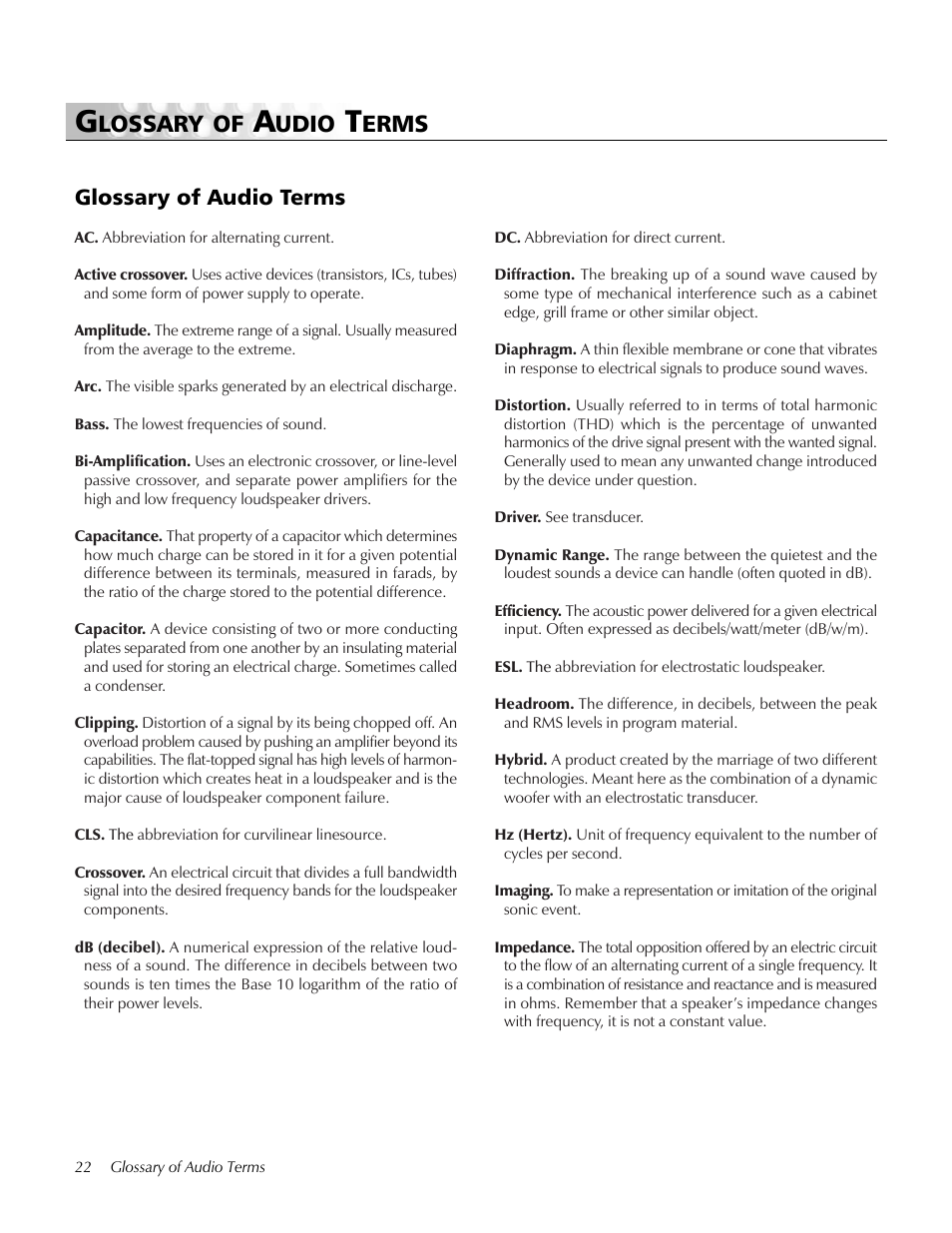 Glossary of audio terms, Lossary of, Udio | Erms | MartinLogan i User Manual | Page 22 / 24